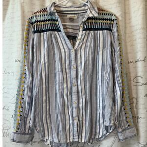 Anthropologie Pilcro Womens Medium Boho Embroidered Button Up Shirt Blue White